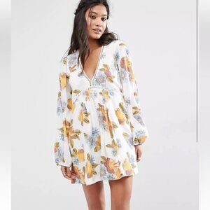 Free People Strawberry Fields  Ivory Floral Boho Festival Tunic Mini Dress S